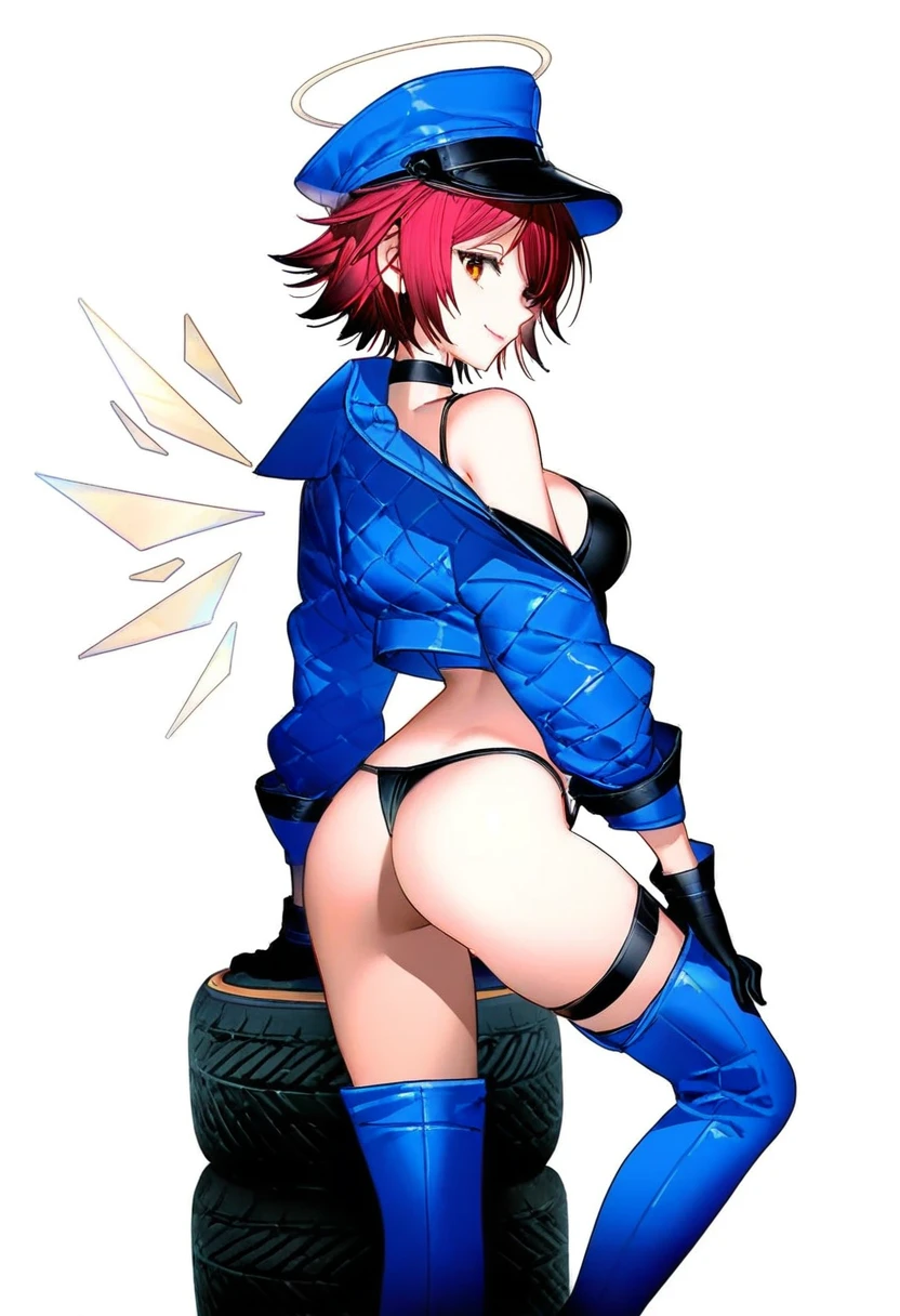 ((nardack,(liduke))),ask \(askzy\), - 1girl,exusiai \(arknights\),arknights,black gloves,black panties,blue thigh boots,blue hat,blue jacket,long sleeves,race queen,thigh strap,thong,single bare shoulder,skindentation,tire,