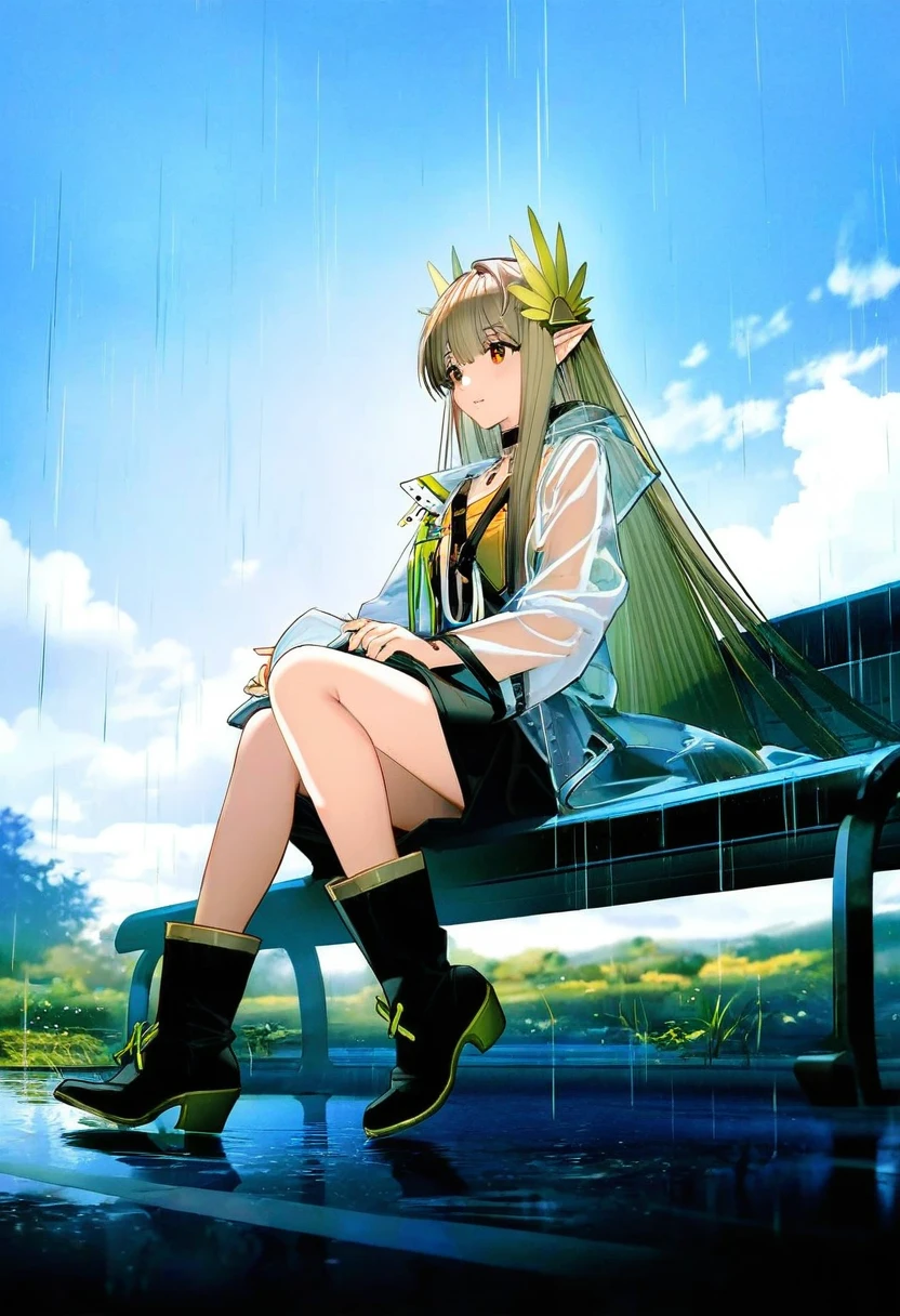 ((nardack,(liduke))),ask \(askzy\), - 1girl,muelsyse \(arknights\),arknights,cloudy sky,grass,on bench,outdoors,rain,road,yellow rubber boots,see-through coat,sitting,transparent raincoat,water drop,