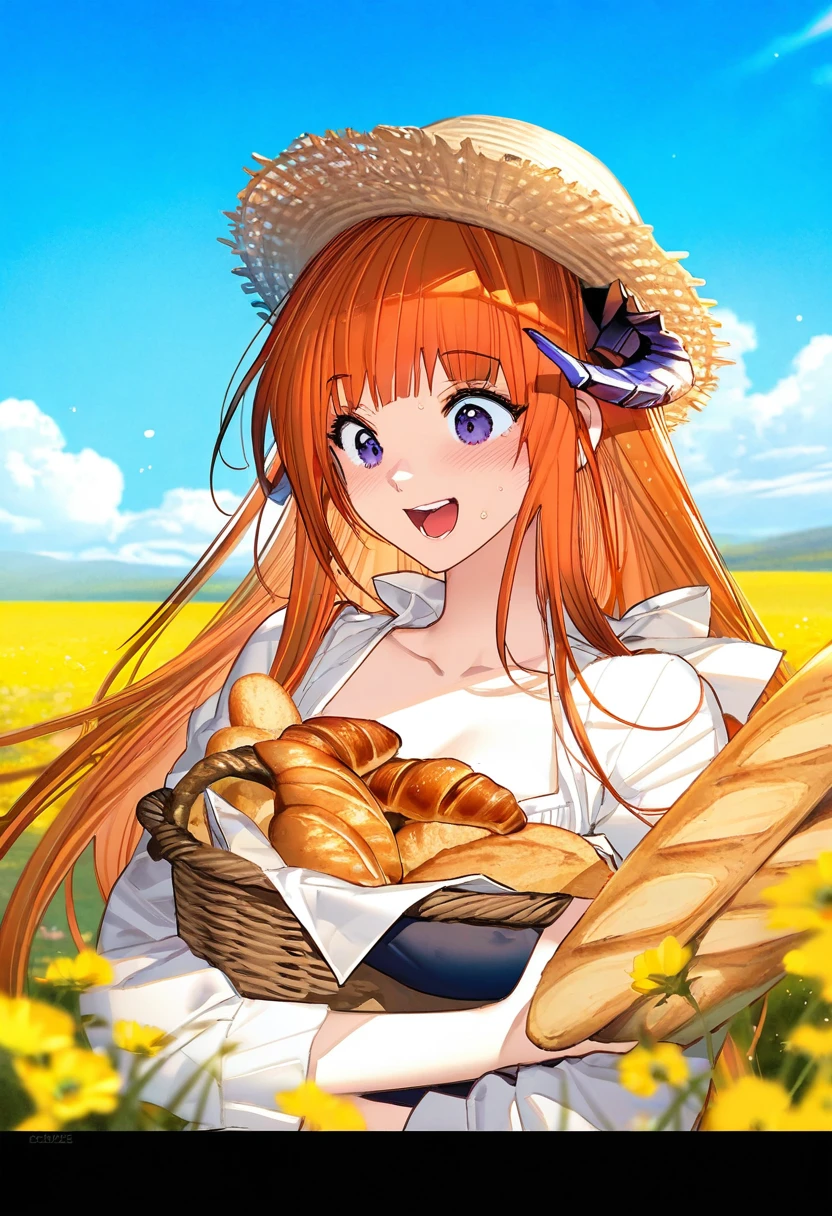 ((nardack,(liduke))),ask \(askzy\), - 1girl,bagpipe \(arknights\),arknights,baguette,blush,bread,croissant,holding basket,pretzel,upper body,straw hat,field,sky,laughing,sweat,sunlight,