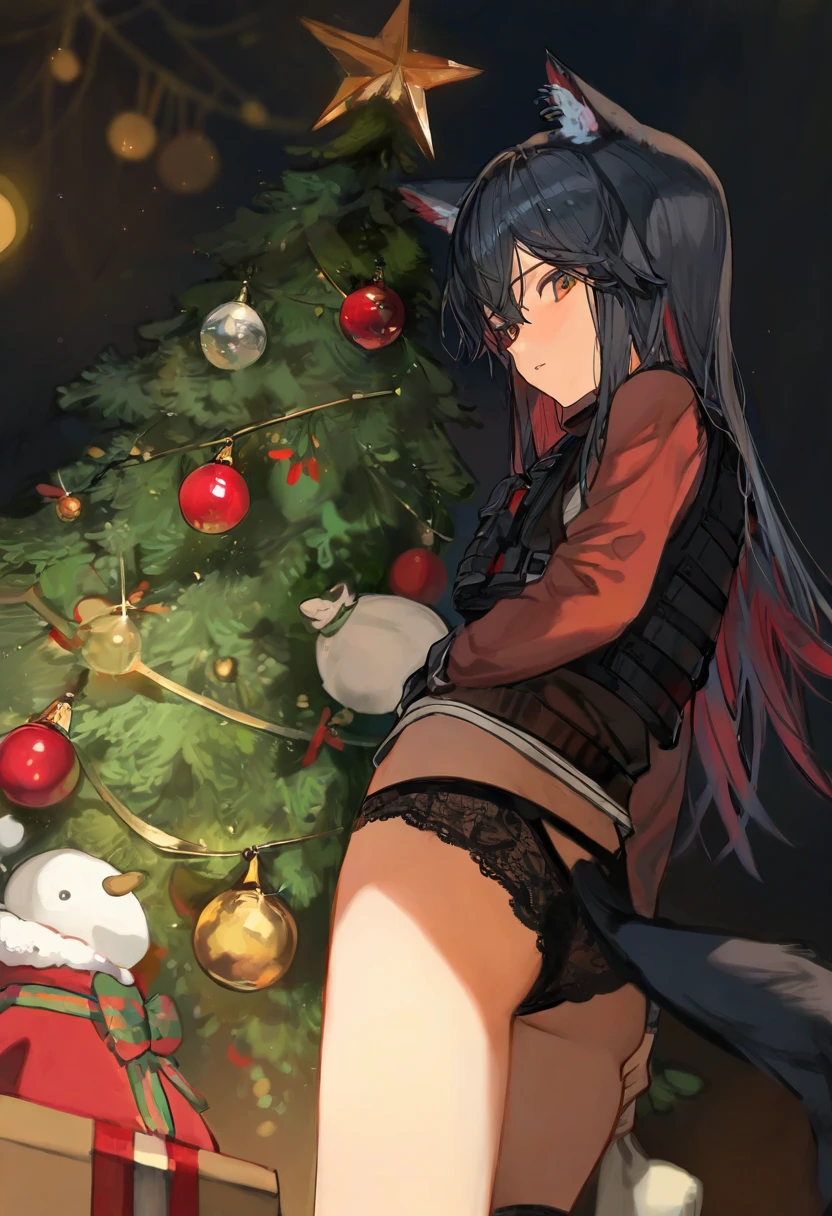 chyoel,solar,[kuzuvine],[[dino \(dinoartforame\)]],[[[ciloranko]]], - 1girl,texas \(arknights\),arknights,underwear,tactical vest,christmas tree,christmas ornaments,
