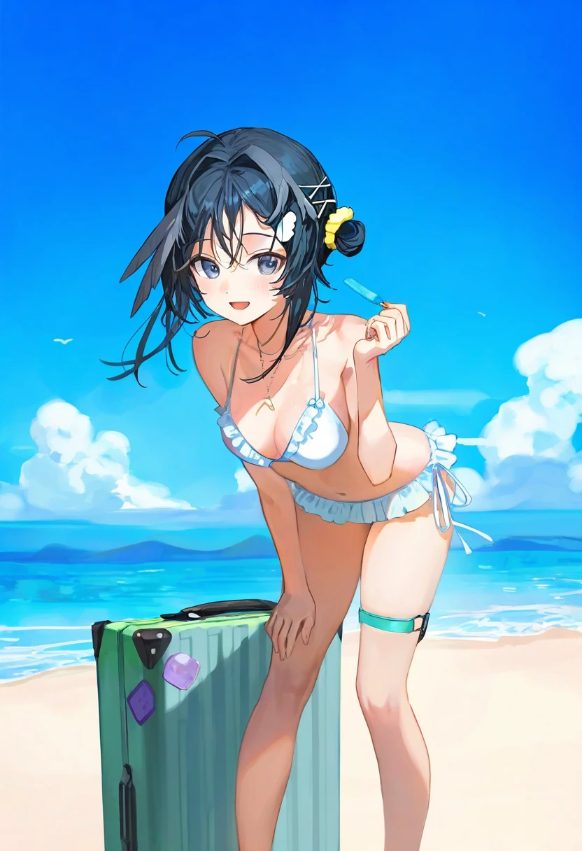 chyoel,solar,[kuzuvine],[[dino \(dinoartforame\)]],[[[ciloranko]]], - 1girl,la pluma \(summer flowers\) \(arknights\),arknights,white bikini,outdoors,navel,day,sky,blue sky,beach,suitcase,looking at viewer,ocean,low-tied long hair,leaning forward,standing,holding,frills,hand up,bare shoulders,floating hair,