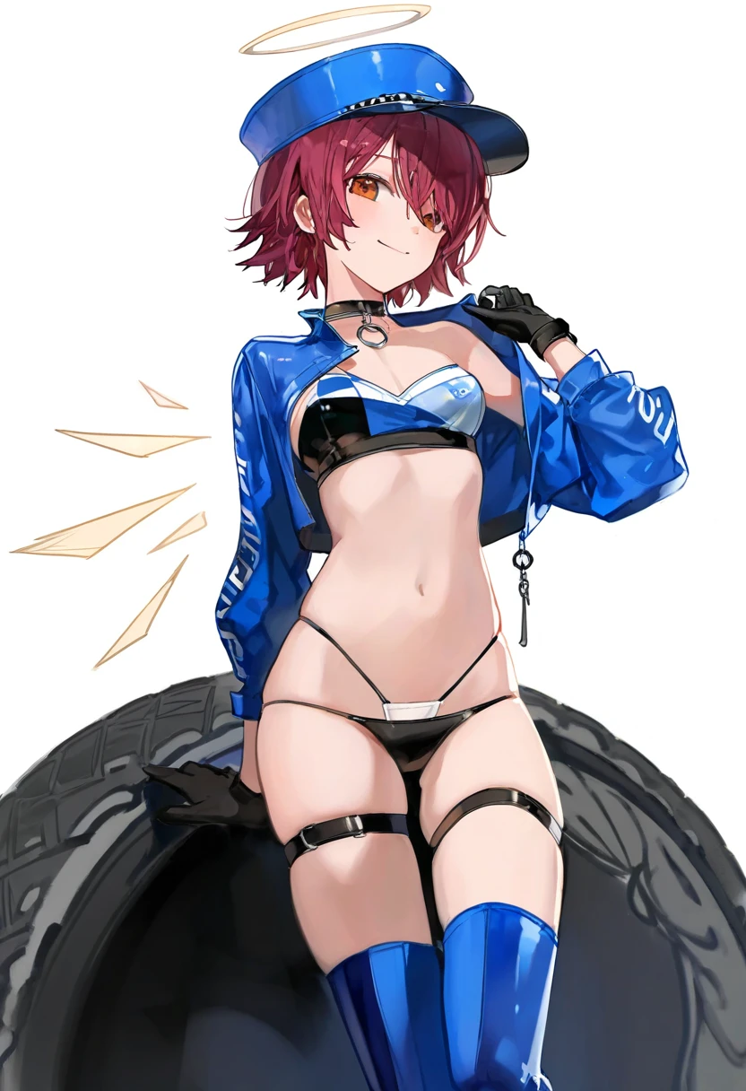 chyoel,solar,[kuzuvine],[[dino \(dinoartforame\)]],[[[ciloranko]]], - 1girl,exusiai \(arknights\),arknights,black gloves,black panties,blue thigh boots,blue hat,blue jacket,long sleeves,race queen,thigh strap,thong,single bare shoulder,skindentation,tire,