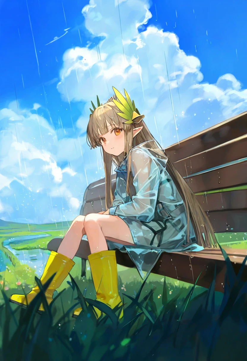chyoel,solar,[kuzuvine],[[dino \(dinoartforame\)]],[[[ciloranko]]], - 1girl,muelsyse \(arknights\),arknights,cloudy sky,grass,on bench,outdoors,rain,road,yellow rubber boots,see-through coat,sitting,transparent raincoat,water drop,