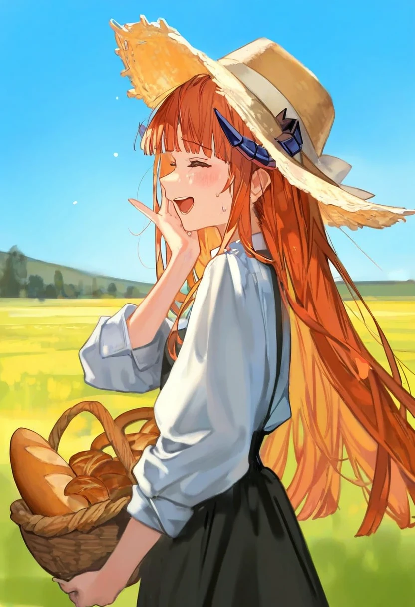 chyoel,solar,[kuzuvine],[[dino \(dinoartforame\)]],[[[ciloranko]]], - 1girl,bagpipe \(arknights\),arknights,baguette,blush,bread,croissant,holding basket,pretzel,upper body,straw hat,field,sky,laughing,sweat,sunlight,