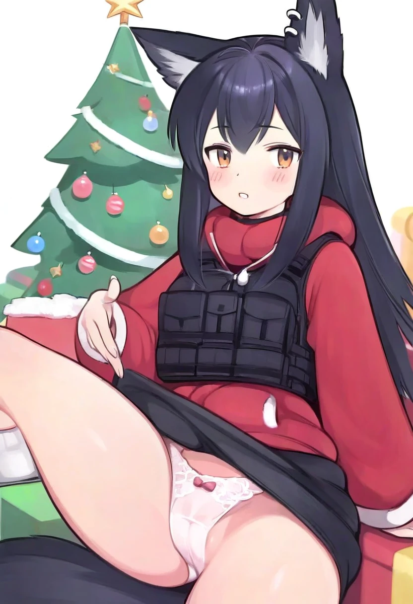 tsukareta san,norza,[[takatsuki ichi]], - 1girl,texas \(arknights\),arknights,underwear,tactical vest,christmas tree,christmas ornaments,
