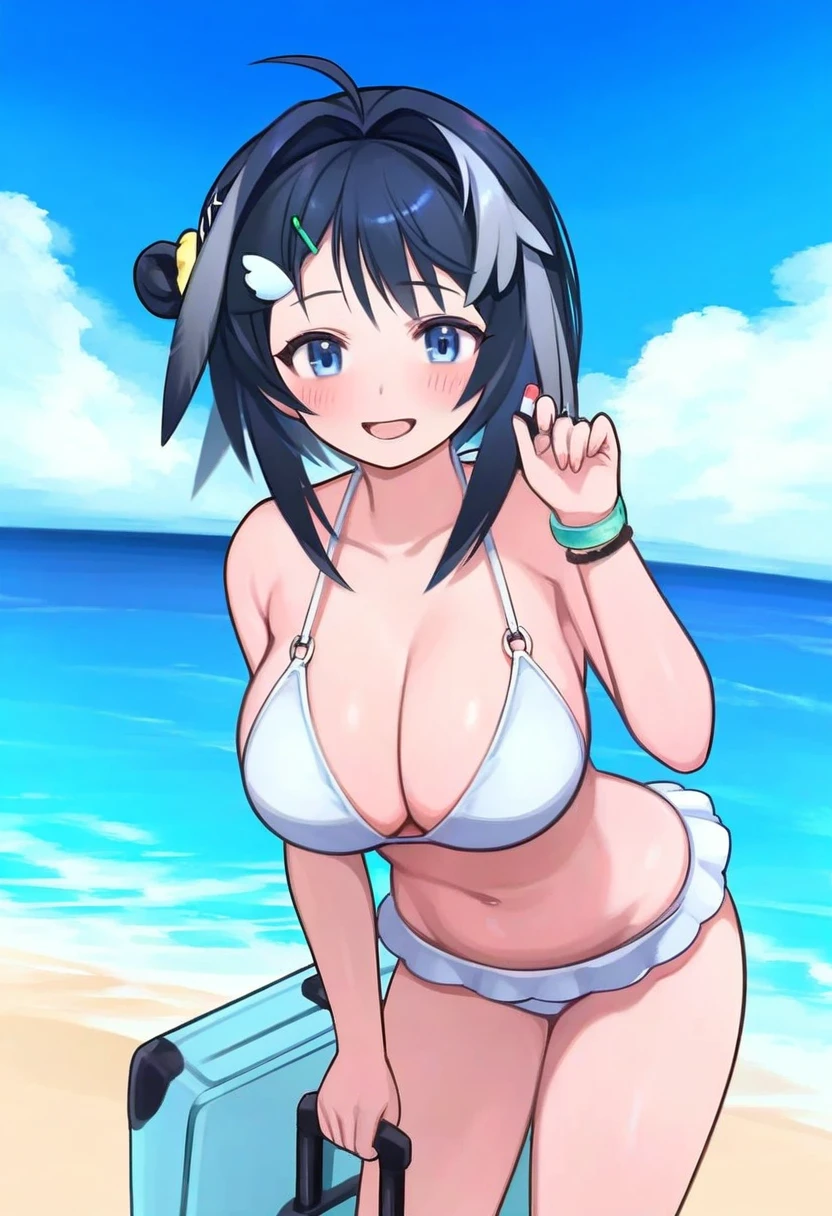 tsukareta san,norza,[[takatsuki ichi]], - 1girl,la pluma \(summer flowers\) \(arknights\),arknights,white bikini,outdoors,navel,day,sky,blue sky,beach,suitcase,looking at viewer,ocean,low-tied long hair,leaning forward,standing,holding,frills,hand up,bare shoulders,floating hair,