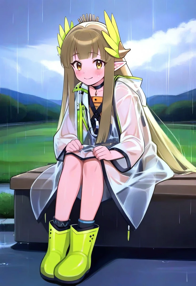 tsukareta san,norza,[[takatsuki ichi]], - 1girl,muelsyse \(arknights\),arknights,cloudy sky,grass,on bench,outdoors,rain,road,yellow rubber boots,see-through coat,sitting,transparent raincoat,water drop,