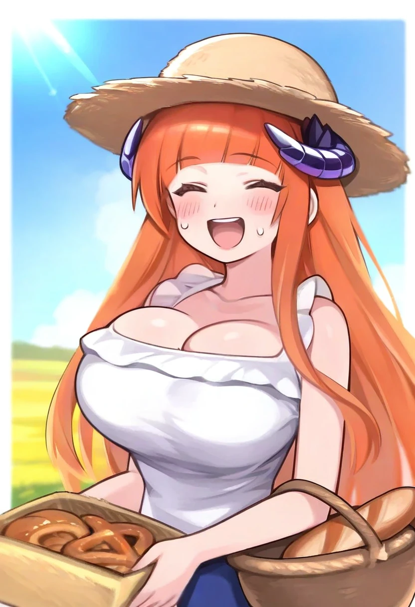 tsukareta san,norza,[[takatsuki ichi]], - 1girl,bagpipe \(arknights\),arknights,baguette,blush,bread,croissant,holding basket,pretzel,upper body,straw hat,field,sky,laughing,sweat,sunlight,
