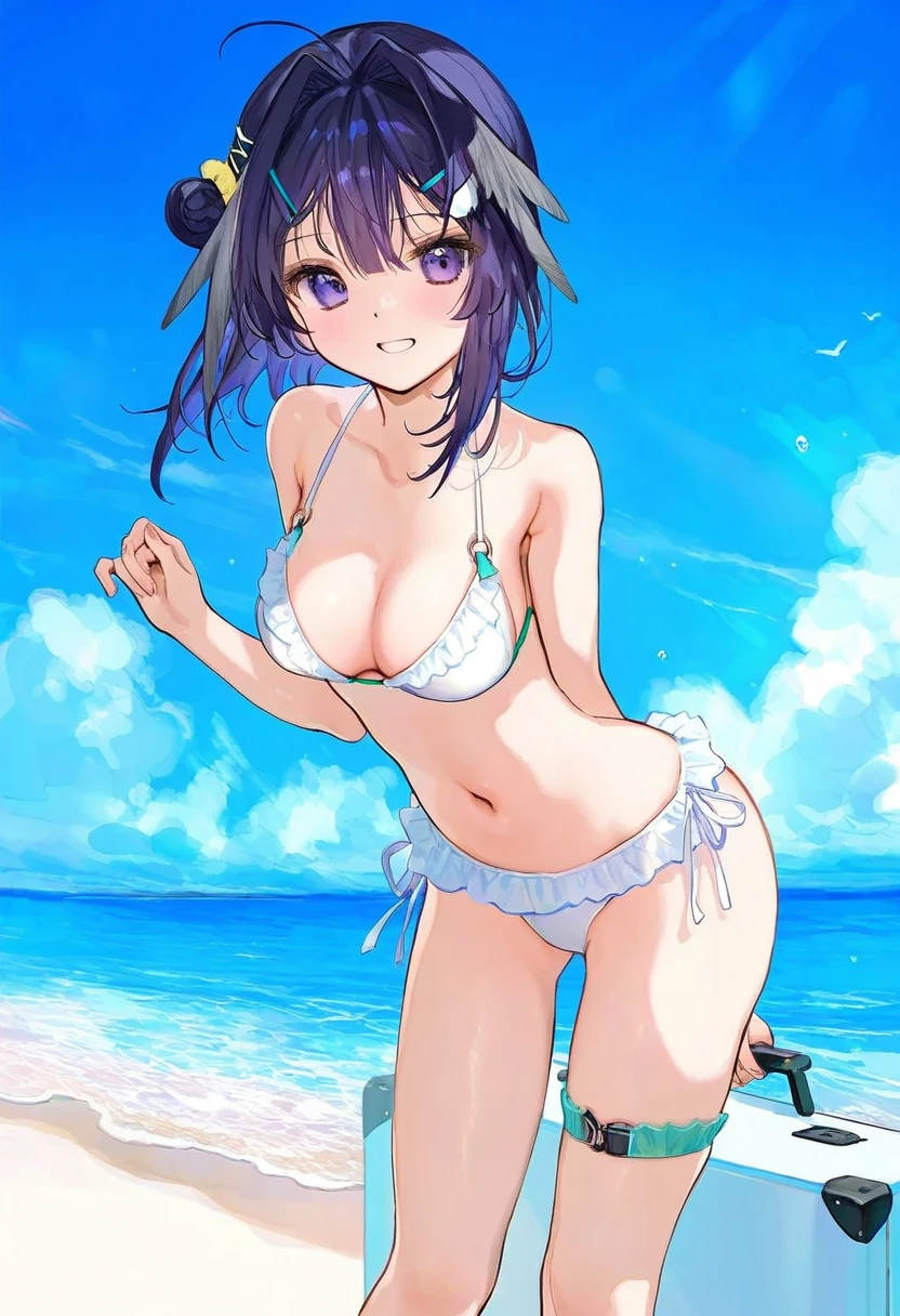 ((mignon),(fuzichoco),yd \(orange maru\),noyu \(noyu23386566\)),[[ningen mame]],ciloranko, - 1girl,la pluma \(summer flowers\) \(arknights\),arknights,white bikini,outdoors,navel,day,sky,blue sky,beach,suitcase,looking at viewer,ocean,low-tied long hair,leaning forward,standing,holding,frills,hand up,bare shoulders,floating hair,
