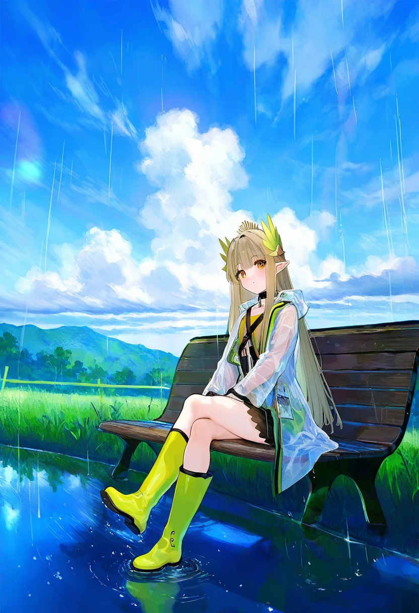 ((mignon),(fuzichoco),yd \(orange maru\),noyu \(noyu23386566\)),[[ningen mame]],ciloranko, - 1girl,muelsyse \(arknights\),arknights,cloudy sky,grass,on bench,outdoors,rain,road,yellow rubber boots,see-through coat,sitting,transparent raincoat,water drop,