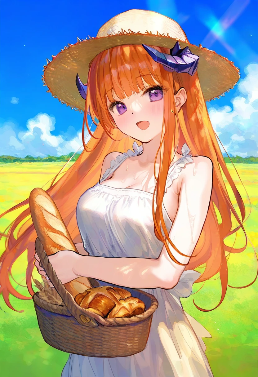 ((mignon),(fuzichoco),yd \(orange maru\),noyu \(noyu23386566\)),[[ningen mame]],ciloranko, - 1girl,bagpipe \(arknights\),arknights,baguette,blush,bread,croissant,holding basket,pretzel,upper body,straw hat,field,sky,laughing,sweat,sunlight,