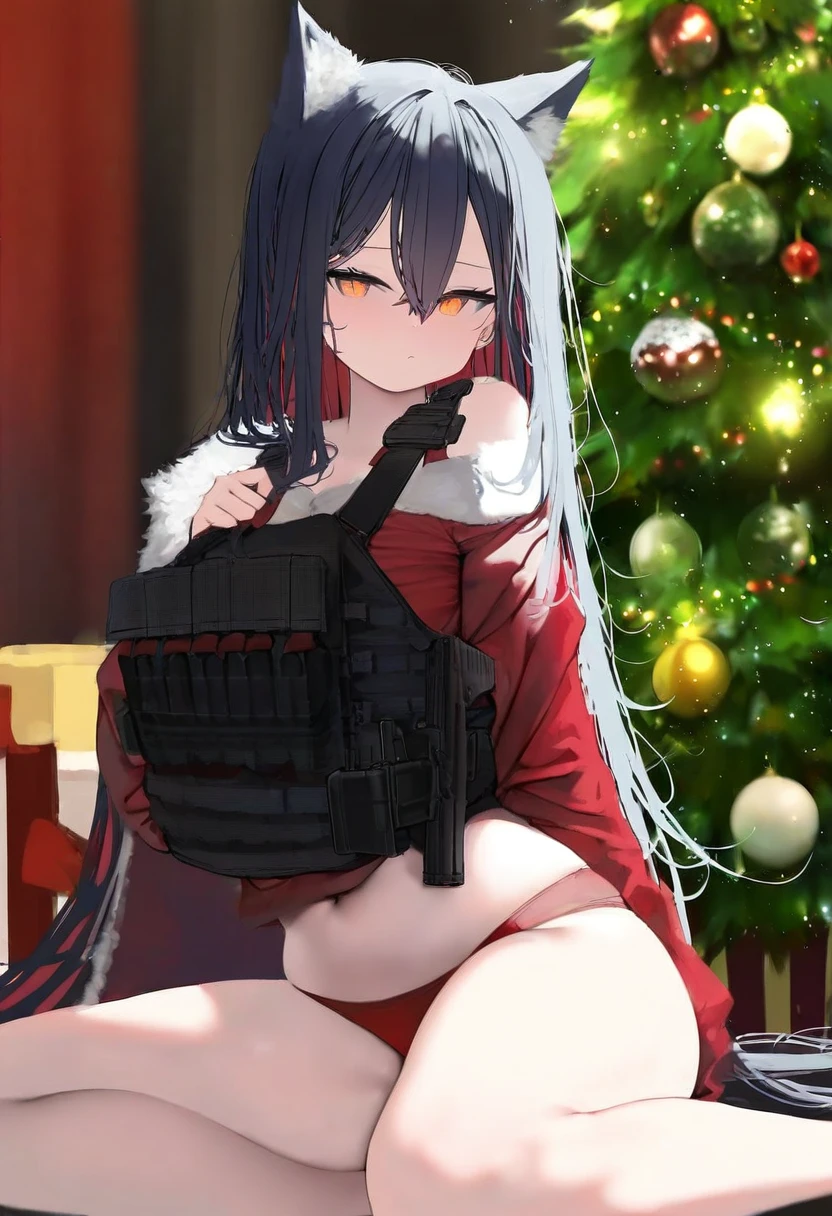 bbolalus,miyuki \(miyuki0529\),[[[kedama milk]]],rin31153336, - 1girl,texas \(arknights\),arknights,underwear,tactical vest,christmas tree,christmas ornaments,