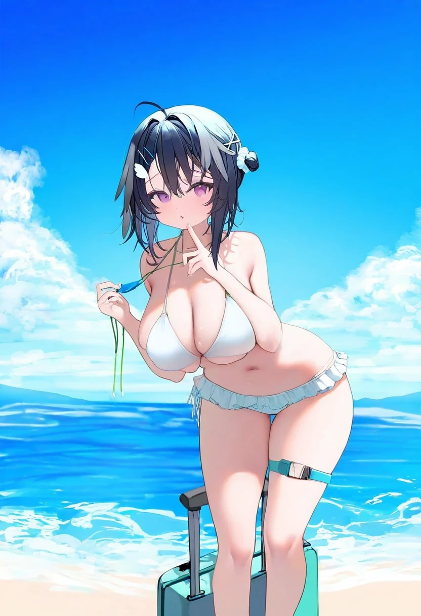 bbolalus,miyuki \(miyuki0529\),[[[kedama milk]]],rin31153336, - 1girl,la pluma \(summer flowers\) \(arknights\),arknights,white bikini,outdoors,navel,day,sky,blue sky,beach,suitcase,looking at viewer,ocean,low-tied long hair,leaning forward,standing,holding,frills,hand up,bare shoulders,floating hair,