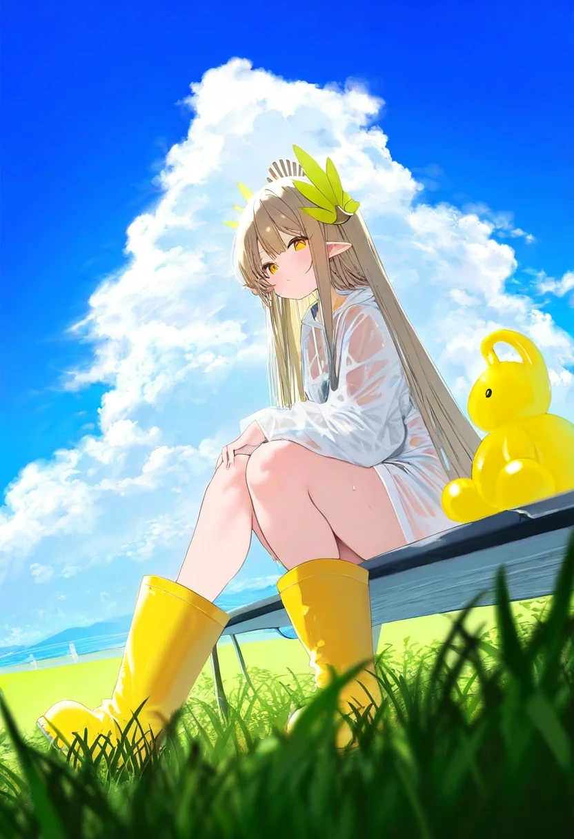 bbolalus,miyuki \(miyuki0529\),[[[kedama milk]]],rin31153336, - 1girl,muelsyse \(arknights\),arknights,cloudy sky,grass,on bench,outdoors,rain,road,yellow rubber boots,see-through coat,sitting,transparent raincoat,water drop,