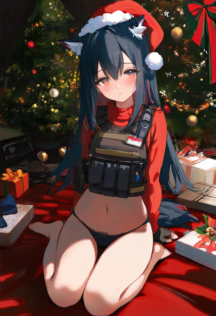 [eip pepai,[nekojira,[[rucaco,wlop,ciloranko,[[toosaka asagi]]]]]], - 1girl,texas \(arknights\),arknights,underwear,tactical vest,christmas tree,christmas ornaments,
