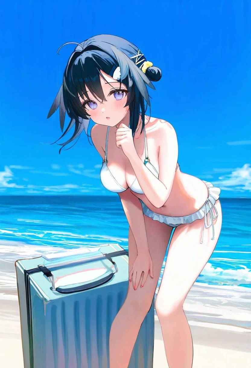 [eip pepai,[nekojira,[[rucaco,wlop,ciloranko,[[toosaka asagi]]]]]], - 1girl,la pluma \(summer flowers\) \(arknights\),arknights,white bikini,outdoors,navel,day,sky,blue sky,beach,suitcase,looking at viewer,ocean,low-tied long hair,leaning forward,standing,holding,frills,hand up,bare shoulders,floating hair,
