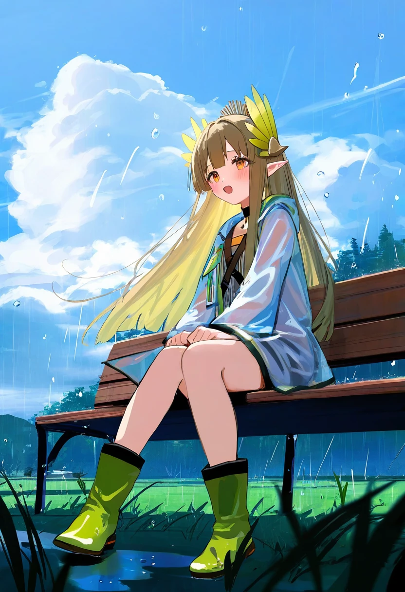 [eip pepai,[nekojira,[[rucaco,wlop,ciloranko,[[toosaka asagi]]]]]], - 1girl,muelsyse \(arknights\),arknights,cloudy sky,grass,on bench,outdoors,rain,road,yellow rubber boots,see-through coat,sitting,transparent raincoat,water drop,