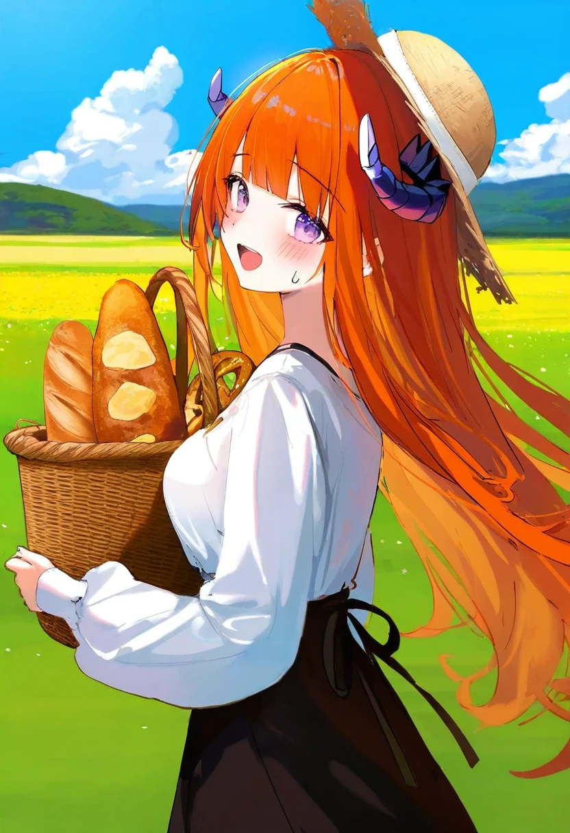 [eip pepai,[nekojira,[[rucaco,wlop,ciloranko,[[toosaka asagi]]]]]], - 1girl,bagpipe \(arknights\),arknights,baguette,blush,bread,croissant,holding basket,pretzel,upper body,straw hat,field,sky,laughing,sweat,sunlight,