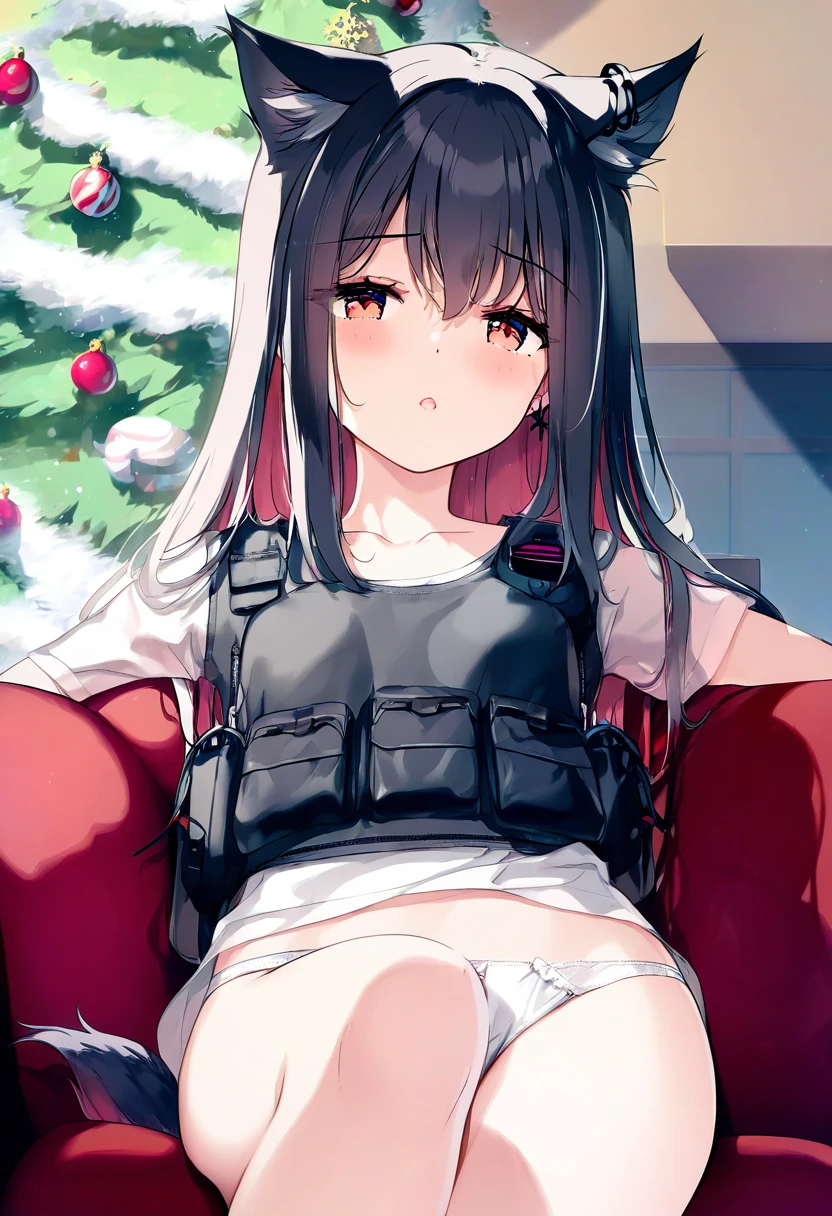 ((miyase mahiro)),[ke-ta],jyt,himitsu \(hi mi tsu 2\),hiten, - 1girl,texas \(arknights\),arknights,underwear,tactical vest,christmas tree,christmas ornaments,