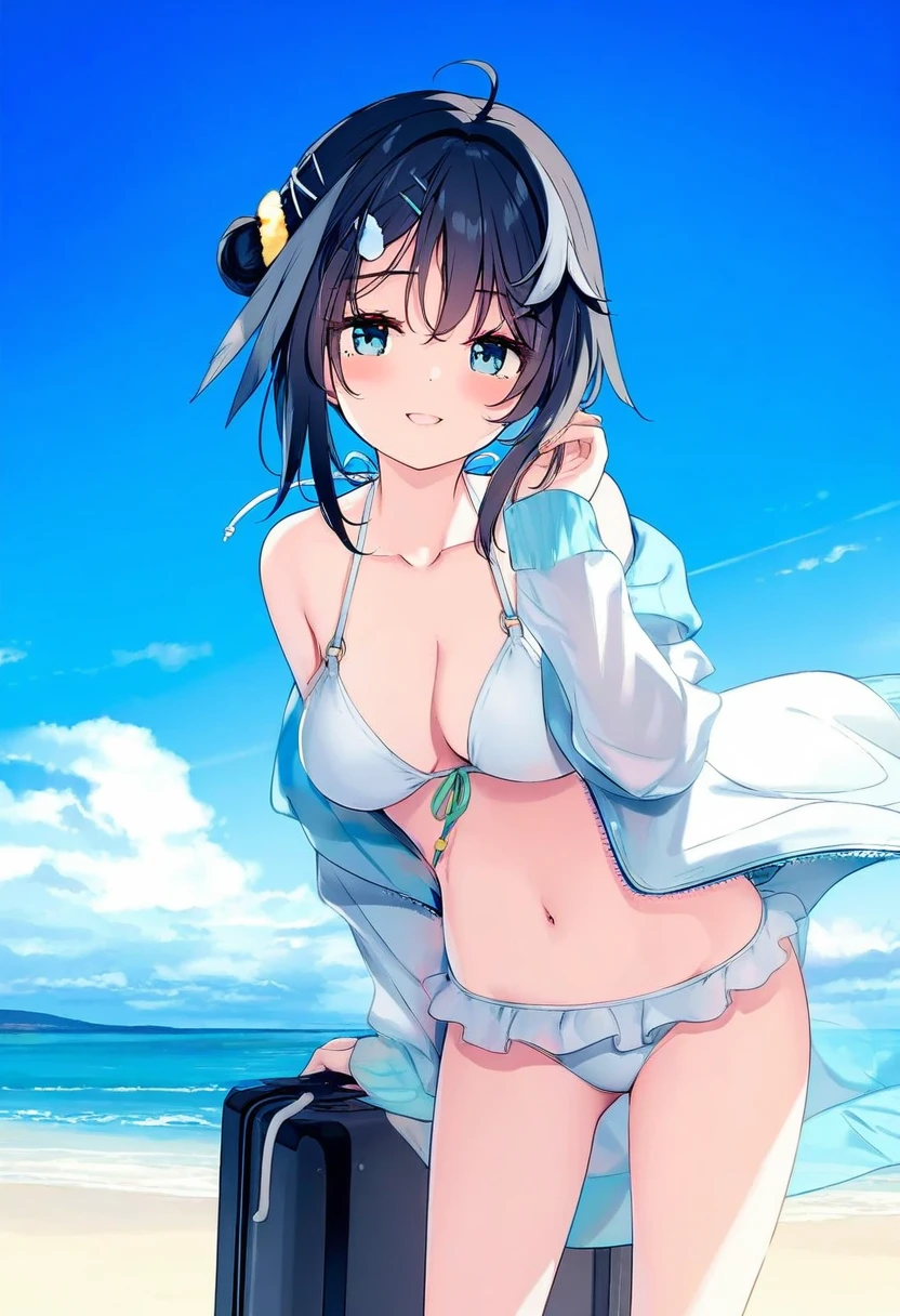 ((miyase mahiro)),[ke-ta],jyt,himitsu \(hi mi tsu 2\),hiten, - 1girl,la pluma \(summer flowers\) \(arknights\),arknights,white bikini,outdoors,navel,day,sky,blue sky,beach,suitcase,looking at viewer,ocean,low-tied long hair,leaning forward,standing,holding,frills,hand up,bare shoulders,floating hair,