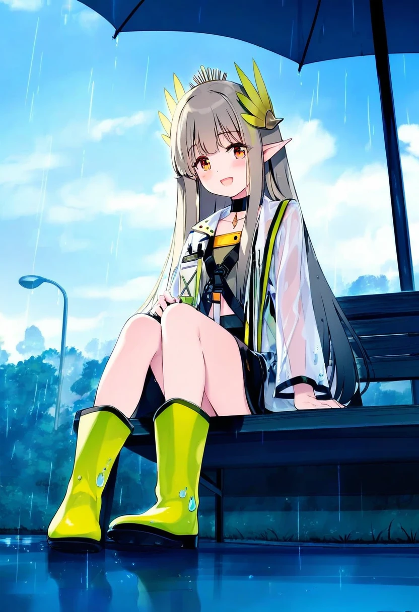 ((miyase mahiro)),[ke-ta],jyt,himitsu \(hi mi tsu 2\),hiten, - 1girl,muelsyse \(arknights\),arknights,cloudy sky,grass,on bench,outdoors,rain,road,yellow rubber boots,see-through coat,sitting,transparent raincoat,water drop,