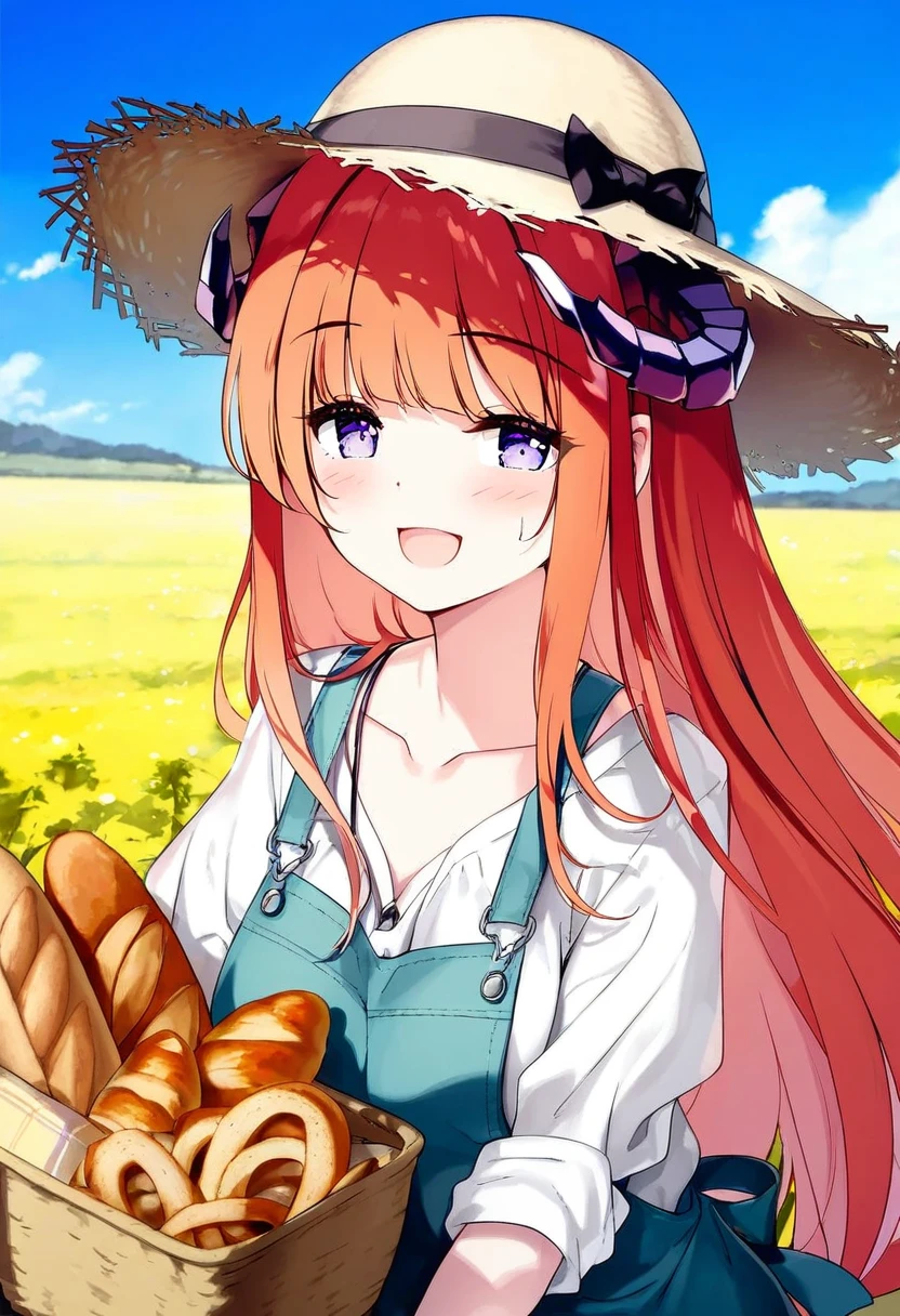 ((miyase mahiro)),[ke-ta],jyt,himitsu \(hi mi tsu 2\),hiten, - 1girl,bagpipe \(arknights\),arknights,baguette,blush,bread,croissant,holding basket,pretzel,upper body,straw hat,field,sky,laughing,sweat,sunlight,