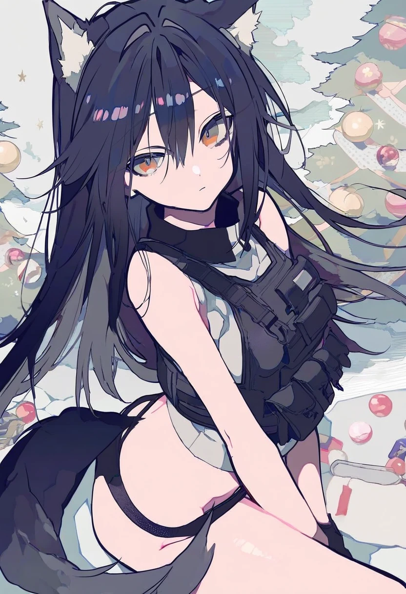 (((yumenouchi chiharu))),mochizuki kei,[[[[[[rei \(sanbonzakura\)]]]]], - 1girl,texas \(arknights\),arknights,underwear,tactical vest,christmas tree,christmas ornaments,