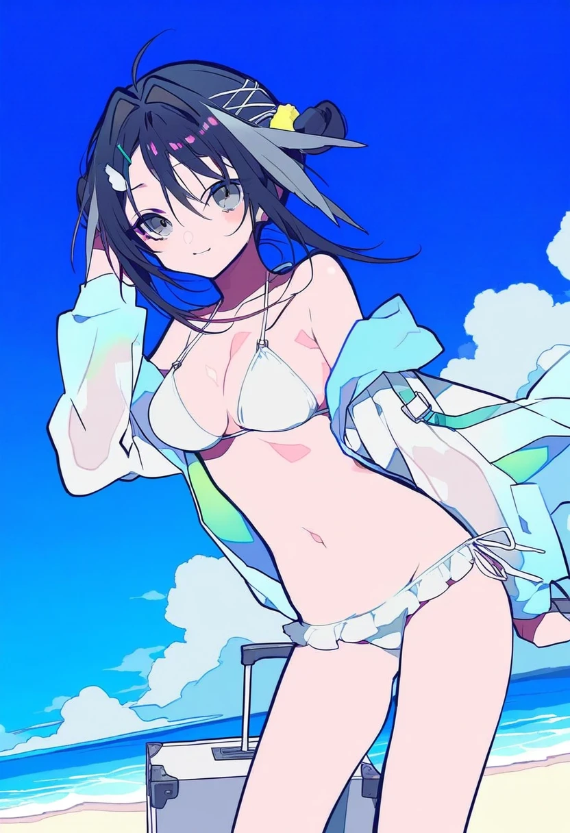 (((yumenouchi chiharu))),mochizuki kei,[[[[[[rei \(sanbonzakura\)]]]]], - 1girl,la pluma \(summer flowers\) \(arknights\),arknights,white bikini,outdoors,navel,day,sky,blue sky,beach,suitcase,looking at viewer,ocean,low-tied long hair,leaning forward,standing,holding,frills,hand up,bare shoulders,floating hair,