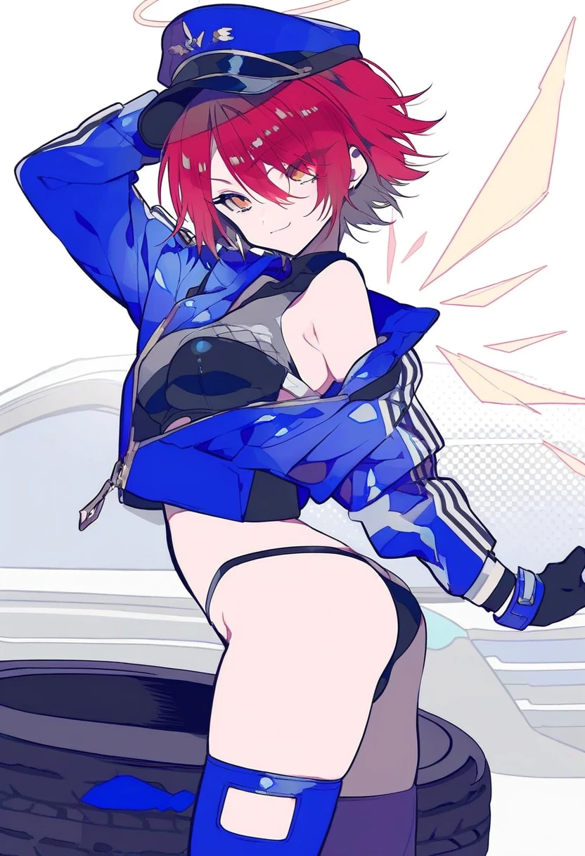 (((yumenouchi chiharu))),mochizuki kei,[[[[[[rei \(sanbonzakura\)]]]]], - 1girl,exusiai \(arknights\),arknights,black gloves,black panties,blue thigh boots,blue hat,blue jacket,long sleeves,race queen,thigh strap,thong,single bare shoulder,skindentation,tire,