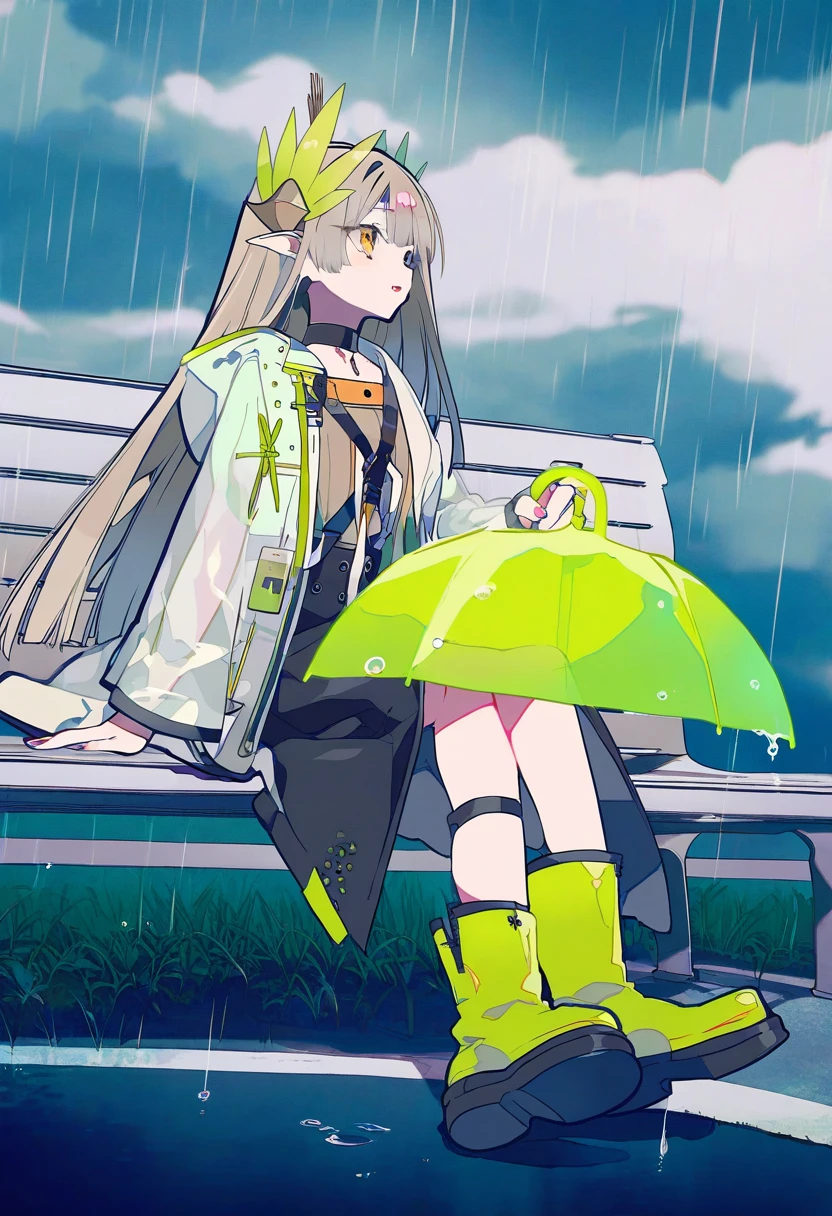 (((yumenouchi chiharu))),mochizuki kei,[[[[[[rei \(sanbonzakura\)]]]]], - 1girl,muelsyse \(arknights\),arknights,cloudy sky,grass,on bench,outdoors,rain,road,yellow rubber boots,see-through coat,sitting,transparent raincoat,water drop,