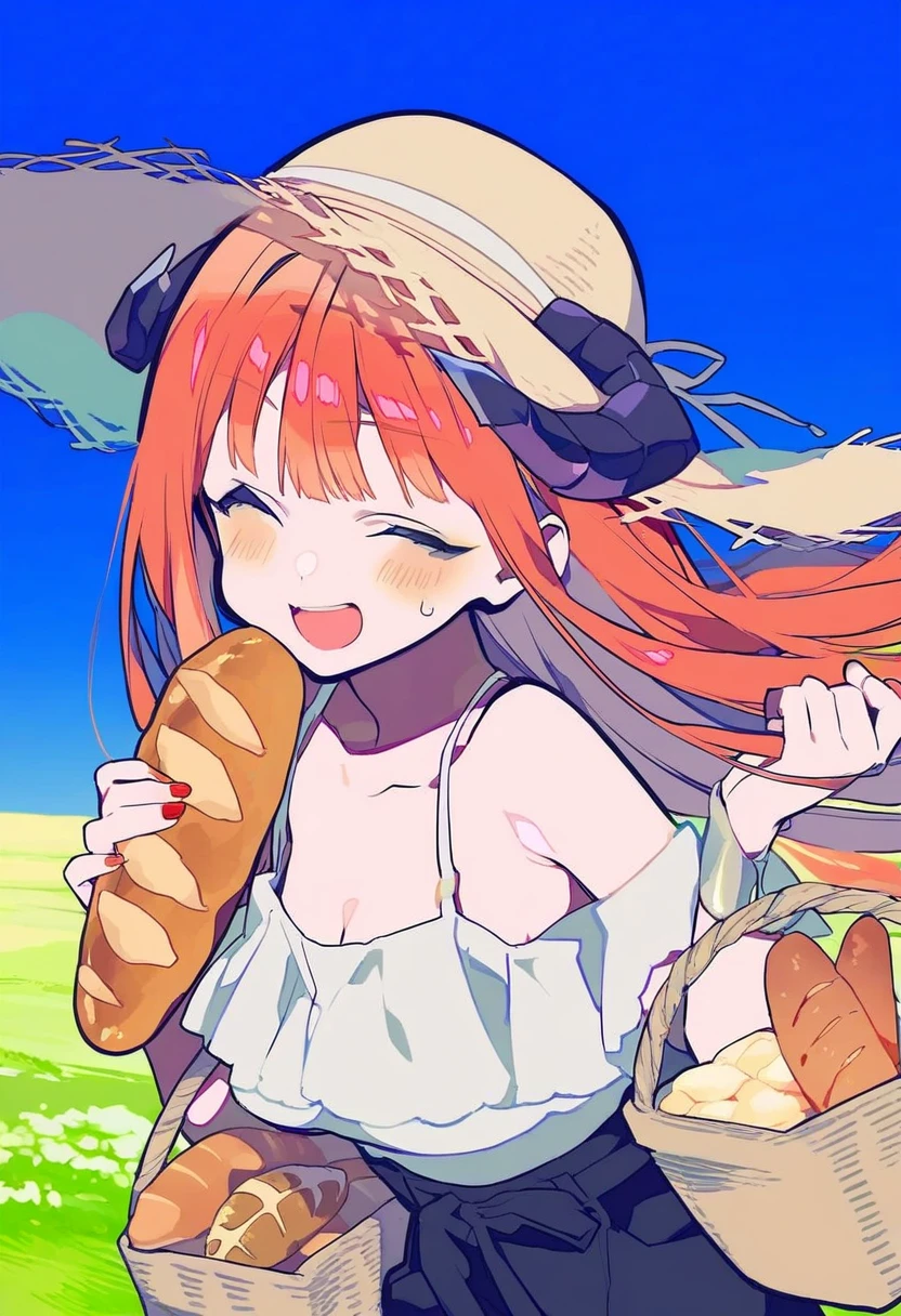 (((yumenouchi chiharu))),mochizuki kei,[[[[[[rei \(sanbonzakura\)]]]]], - 1girl,bagpipe \(arknights\),arknights,baguette,blush,bread,croissant,holding basket,pretzel,upper body,straw hat,field,sky,laughing,sweat,sunlight,