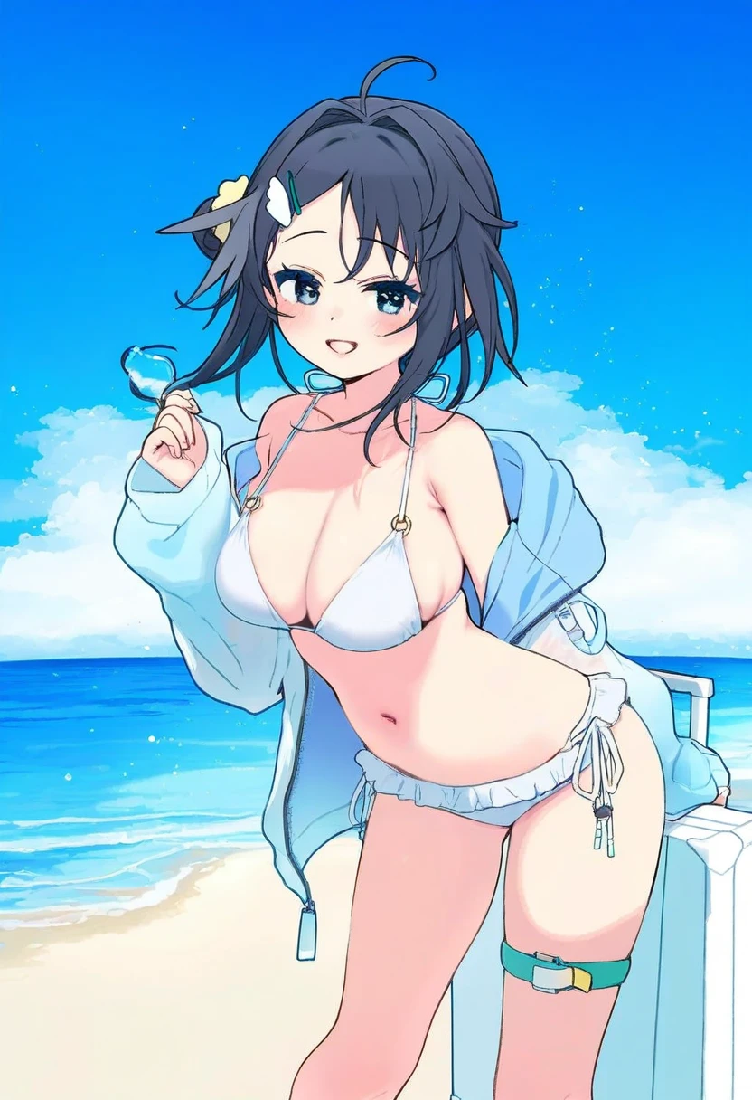 7010,[reoen],[yoru nai],((do m kaeru)),[[hizuki yayoi]],[[azuuru]],(maccha \(mochancc\)),(nikaidou kou), - 1girl,la pluma \(summer flowers\) \(arknights\),arknights,white bikini,outdoors,navel,day,sky,blue sky,beach,suitcase,looking at viewer,ocean,low-tied long hair,leaning forward,standing,holding,frills,hand up,bare shoulders,floating hair,