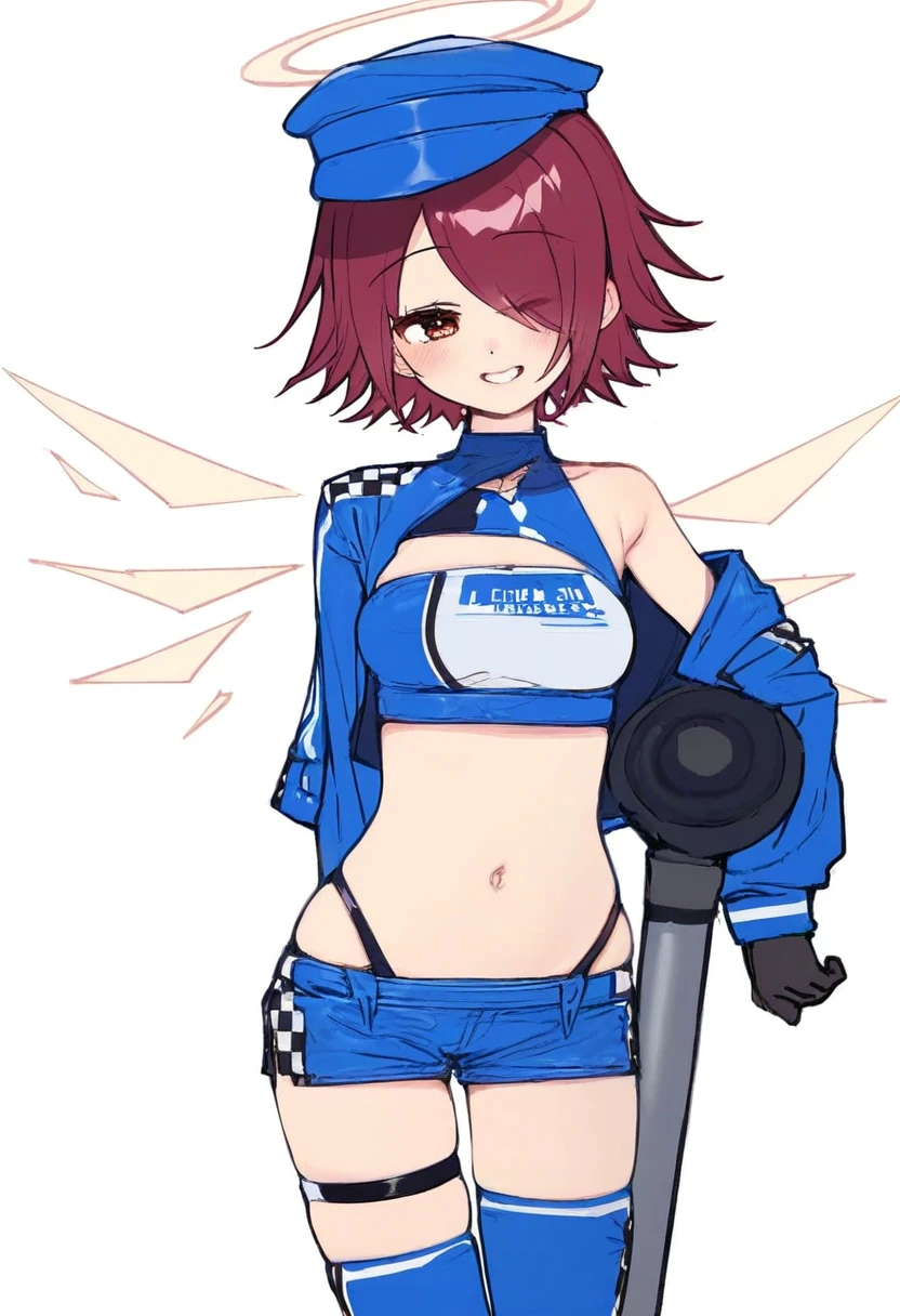 7010,[reoen],[yoru nai],((do m kaeru)),[[hizuki yayoi]],[[azuuru]],(maccha \(mochancc\)),(nikaidou kou), - 1girl,exusiai \(arknights\),arknights,black gloves,black panties,blue thigh boots,blue hat,blue jacket,long sleeves,race queen,thigh strap,thong,single bare shoulder,skindentation,tire,