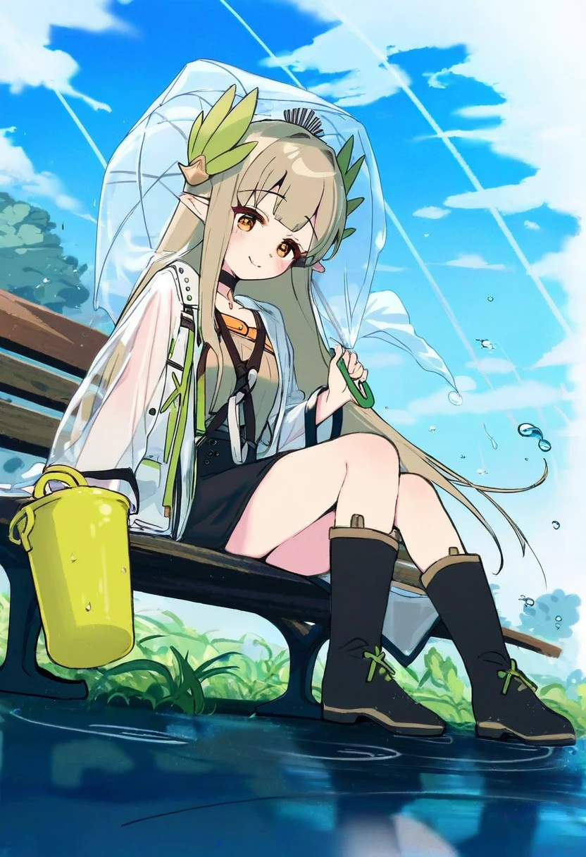 7010,[reoen],[yoru nai],((do m kaeru)),[[hizuki yayoi]],[[azuuru]],(maccha \(mochancc\)),(nikaidou kou), - 1girl,muelsyse \(arknights\),arknights,cloudy sky,grass,on bench,outdoors,rain,road,yellow rubber boots,see-through coat,sitting,transparent raincoat,water drop,