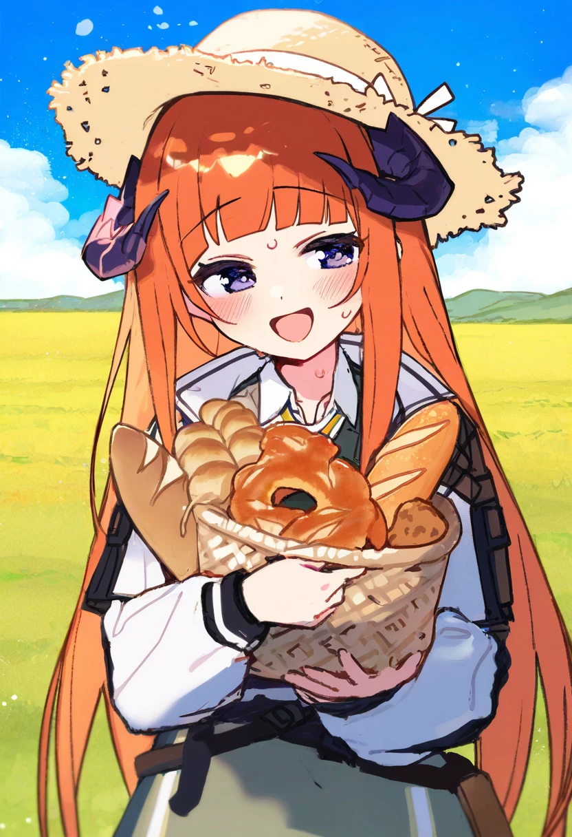 7010,[reoen],[yoru nai],((do m kaeru)),[[hizuki yayoi]],[[azuuru]],(maccha \(mochancc\)),(nikaidou kou), - 1girl,bagpipe \(arknights\),arknights,baguette,blush,bread,croissant,holding basket,pretzel,upper body,straw hat,field,sky,laughing,sweat,sunlight,