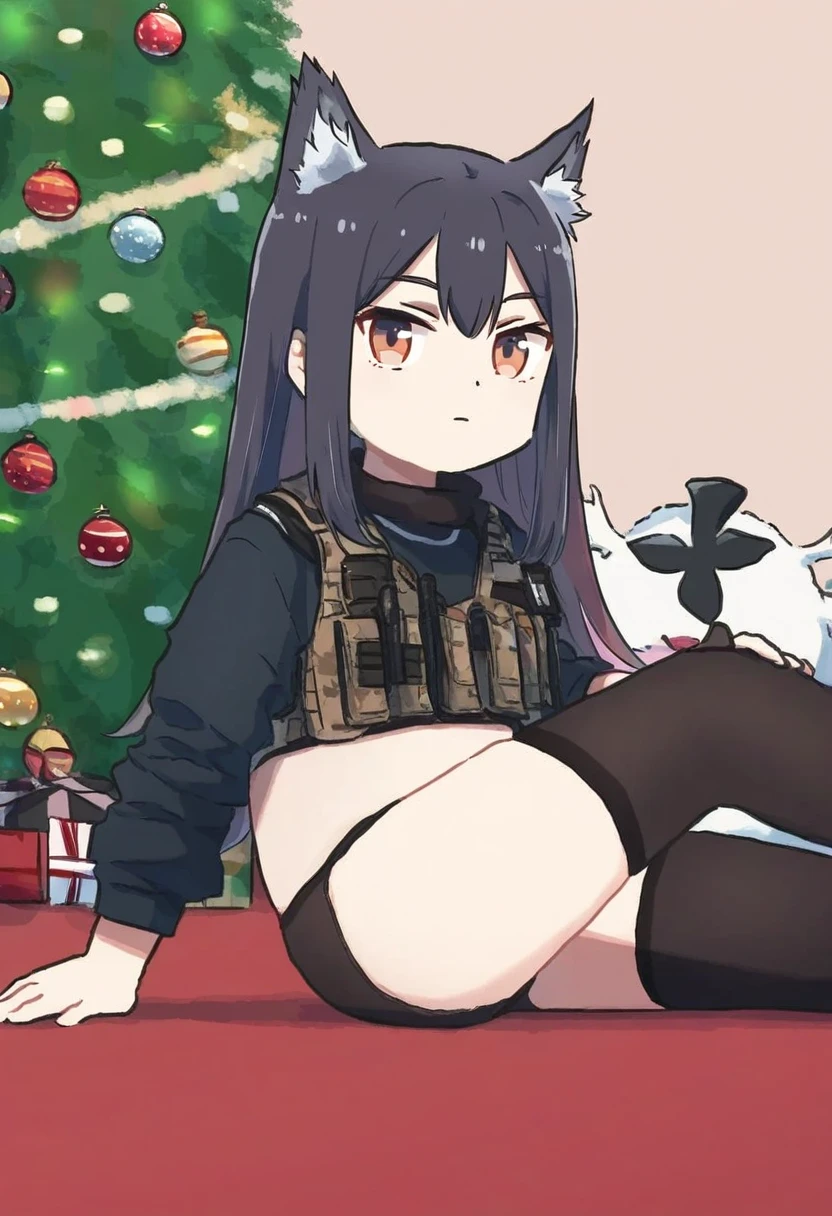 ((kannko bokujou)),[suminagashi],(cierra \(ra-bit\)),xinzoruo,[[mokufuu]],koruri,(saru),[zuizi], - 1girl,texas \(arknights\),arknights,underwear,tactical vest,christmas tree,christmas ornaments,