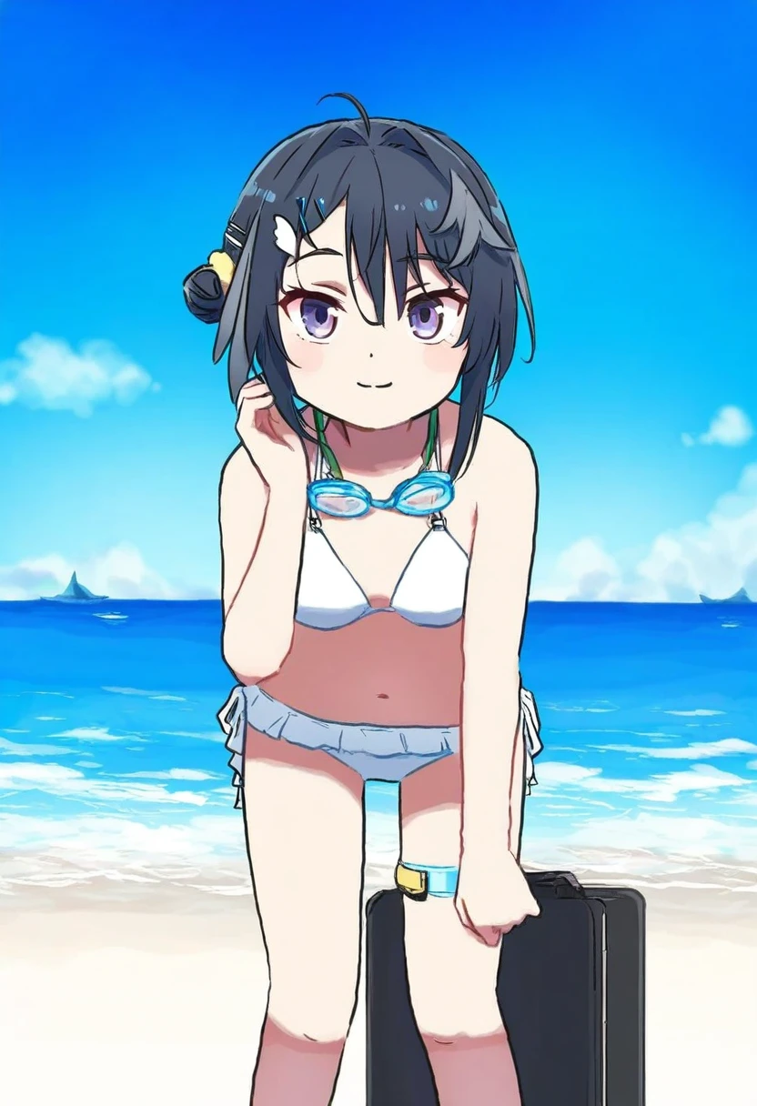 ((kannko bokujou)),[suminagashi],(cierra \(ra-bit\)),xinzoruo,[[mokufuu]],koruri,(saru),[zuizi], - 1girl,la pluma \(summer flowers\) \(arknights\),arknights,white bikini,outdoors,navel,day,sky,blue sky,beach,suitcase,looking at viewer,ocean,low-tied long hair,leaning forward,standing,holding,frills,hand up,bare shoulders,floating hair,