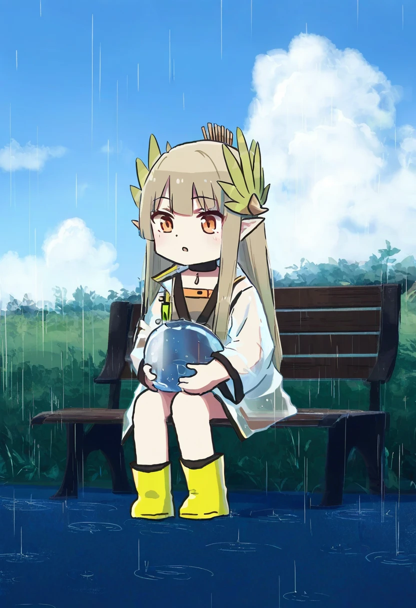 ((kannko bokujou)),[suminagashi],(cierra \(ra-bit\)),xinzoruo,[[mokufuu]],koruri,(saru),[zuizi], - 1girl,muelsyse \(arknights\),arknights,cloudy sky,grass,on bench,outdoors,rain,road,yellow rubber boots,see-through coat,sitting,transparent raincoat,water drop,