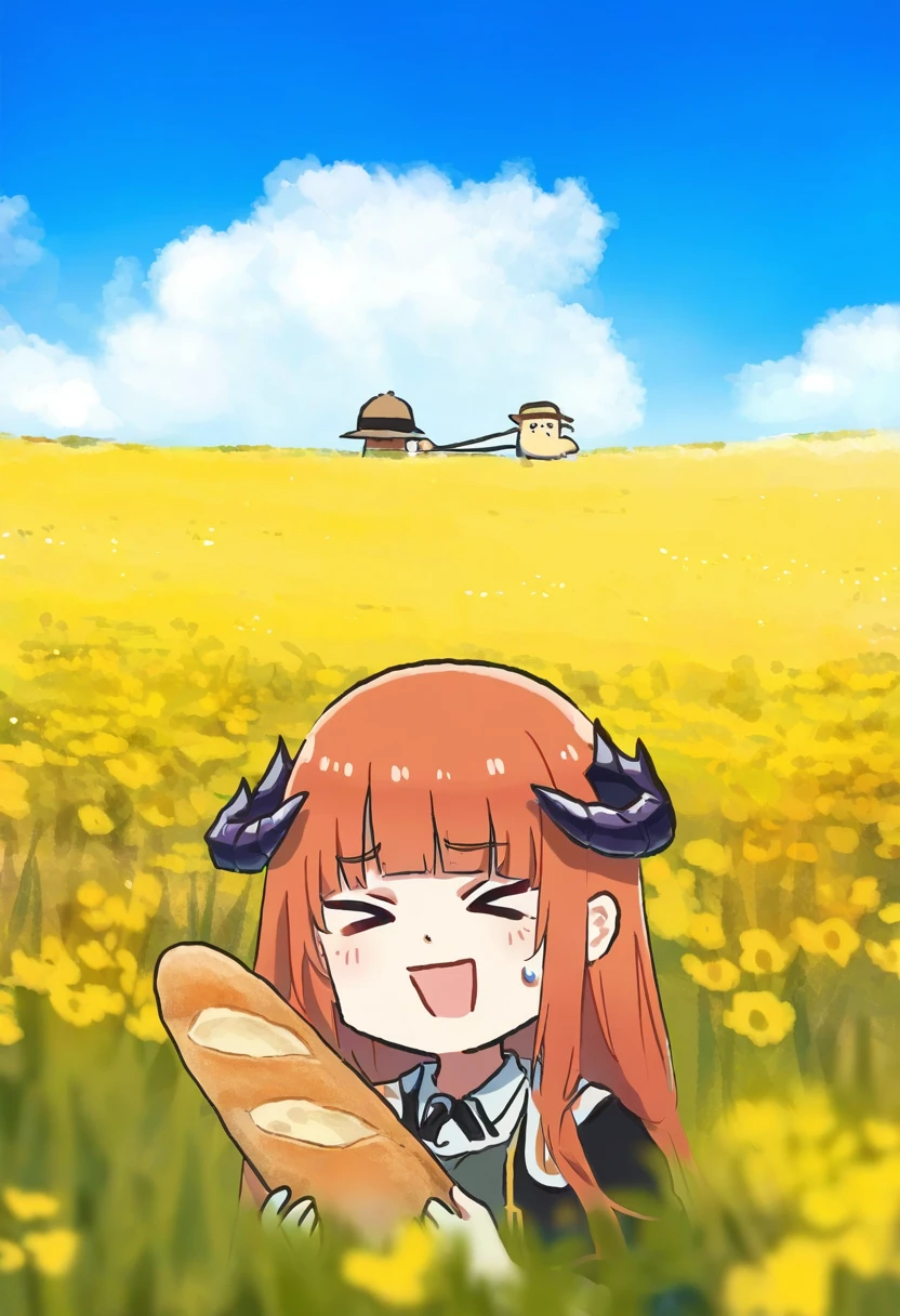 ((kannko bokujou)),[suminagashi],(cierra \(ra-bit\)),xinzoruo,[[mokufuu]],koruri,(saru),[zuizi], - 1girl,bagpipe \(arknights\),arknights,baguette,blush,bread,croissant,holding basket,pretzel,upper body,straw hat,field,sky,laughing,sweat,sunlight,