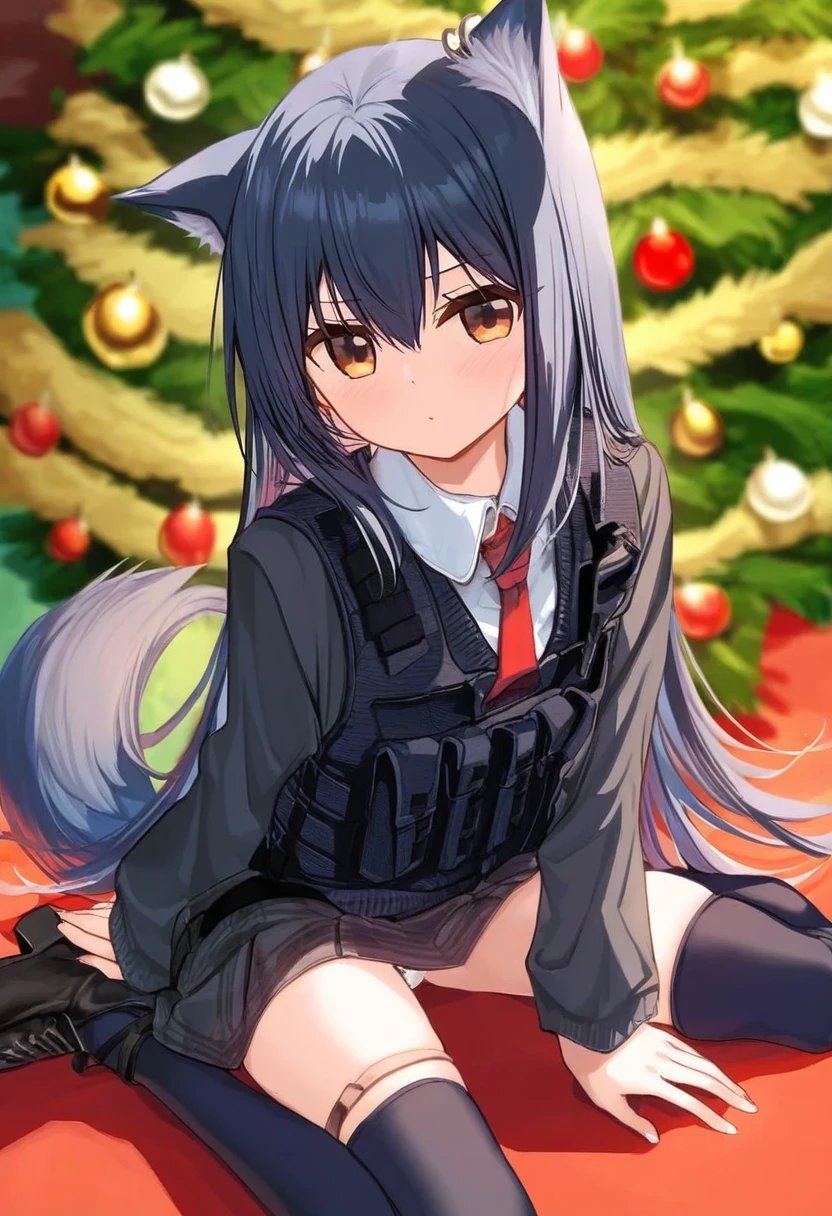 ((djheycha)),(piromizu),[romi \(346 ura\)],((yuuhagi \(amaretto-no-natsu\))),[minaba hideo],((rin yuu)),[[mazjojo]],icomochi, - 1girl,texas \(arknights\),arknights,underwear,tactical vest,christmas tree,christmas ornaments,