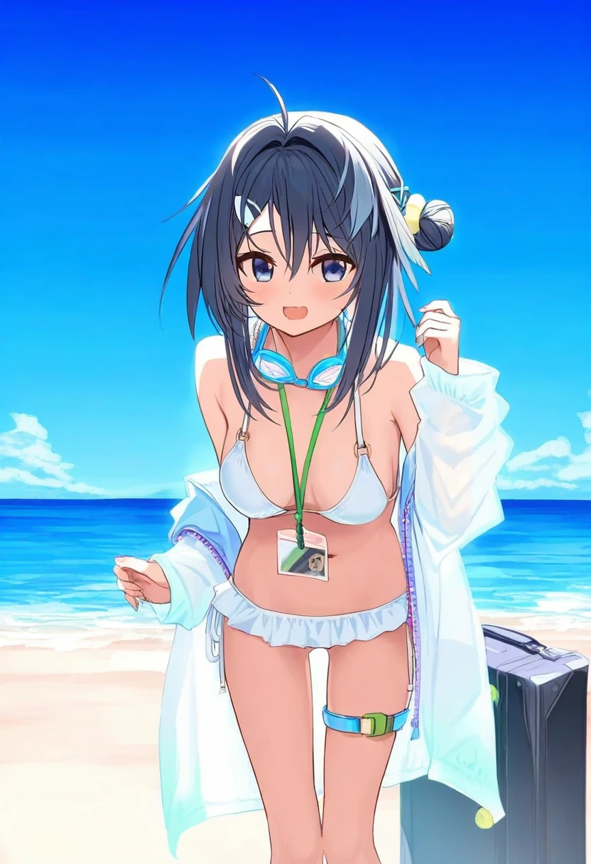 ((djheycha)),(piromizu),[romi \(346 ura\)],((yuuhagi \(amaretto-no-natsu\))),[minaba hideo],((rin yuu)),[[mazjojo]],icomochi, - 1girl,la pluma \(summer flowers\) \(arknights\),arknights,white bikini,outdoors,navel,day,sky,blue sky,beach,suitcase,looking at viewer,ocean,low-tied long hair,leaning forward,standing,holding,frills,hand up,bare shoulders,floating hair,