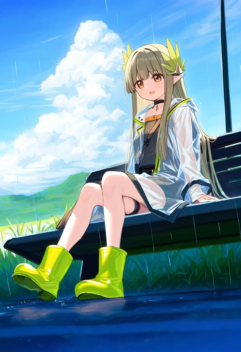 ((djheycha)),(piromizu),[romi \(346 ura\)],((yuuhagi \(amaretto-no-natsu\))),[minaba hideo],((rin yuu)),[[mazjojo]],icomochi, - 1girl,muelsyse \(arknights\),arknights,cloudy sky,grass,on bench,outdoors,rain,road,yellow rubber boots,see-through coat,sitting,transparent raincoat,water drop,