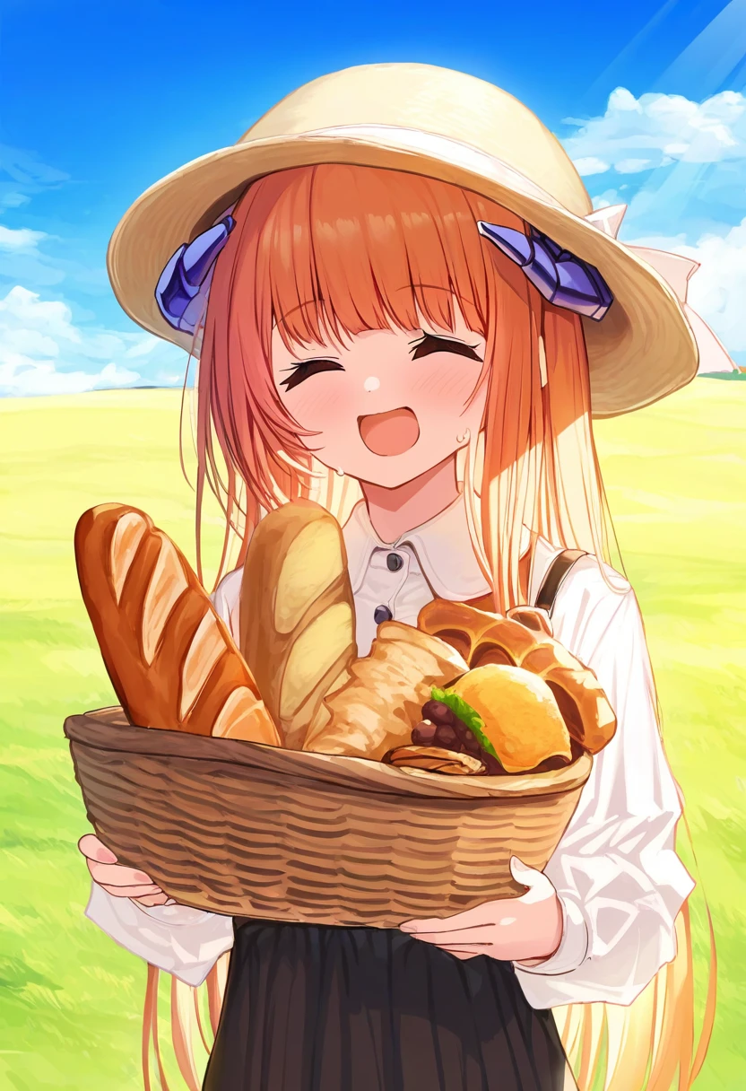 ((djheycha)),(piromizu),[romi \(346 ura\)],((yuuhagi \(amaretto-no-natsu\))),[minaba hideo],((rin yuu)),[[mazjojo]],icomochi, - 1girl,bagpipe \(arknights\),arknights,baguette,blush,bread,croissant,holding basket,pretzel,upper body,straw hat,field,sky,laughing,sweat,sunlight,
