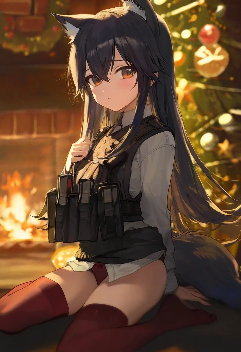(observerz),modare,mikaze oto,[kedama milk],[ask \(askzy\)],ciloranko,ponzu\(catponz\), - 1girl,texas \(arknights\),arknights,underwear,tactical vest,christmas tree,christmas ornaments,