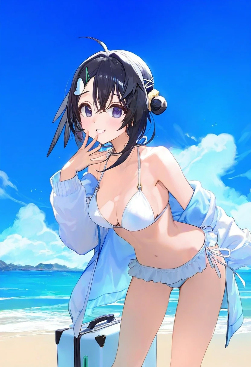 (observerz),modare,mikaze oto,[kedama milk],[ask \(askzy\)],ciloranko,ponzu\(catponz\), - 1girl,la pluma \(summer flowers\) \(arknights\),arknights,white bikini,outdoors,navel,day,sky,blue sky,beach,suitcase,looking at viewer,ocean,low-tied long hair,leaning forward,standing,holding,frills,hand up,bare shoulders,floating hair,