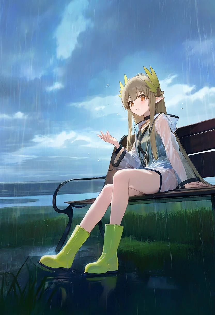 (observerz),modare,mikaze oto,[kedama milk],[ask \(askzy\)],ciloranko,ponzu\(catponz\), - 1girl,muelsyse \(arknights\),arknights,cloudy sky,grass,on bench,outdoors,rain,road,yellow rubber boots,see-through coat,sitting,transparent raincoat,water drop,
