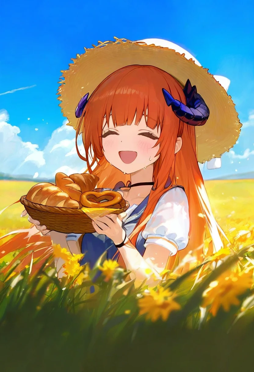 (observerz),modare,mikaze oto,[kedama milk],[ask \(askzy\)],ciloranko,ponzu\(catponz\), - 1girl,bagpipe \(arknights\),arknights,baguette,blush,bread,croissant,holding basket,pretzel,upper body,straw hat,field,sky,laughing,sweat,sunlight,