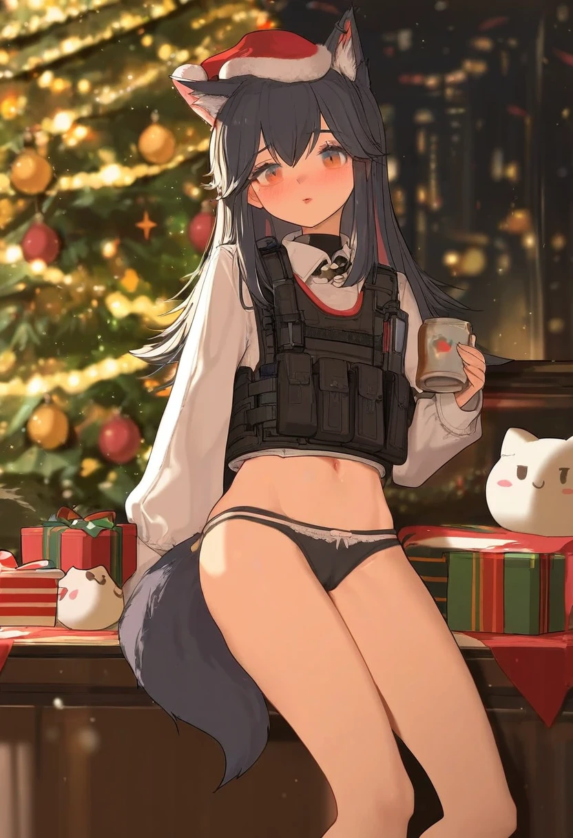 ((xssh)),(observerz),[kedama milk],[ask \(askzy\)],(mikaze oto),[ciloranko],[ponzu\(catponz\)], - 1girl,texas \(arknights\),arknights,underwear,tactical vest,christmas tree,christmas ornaments,
