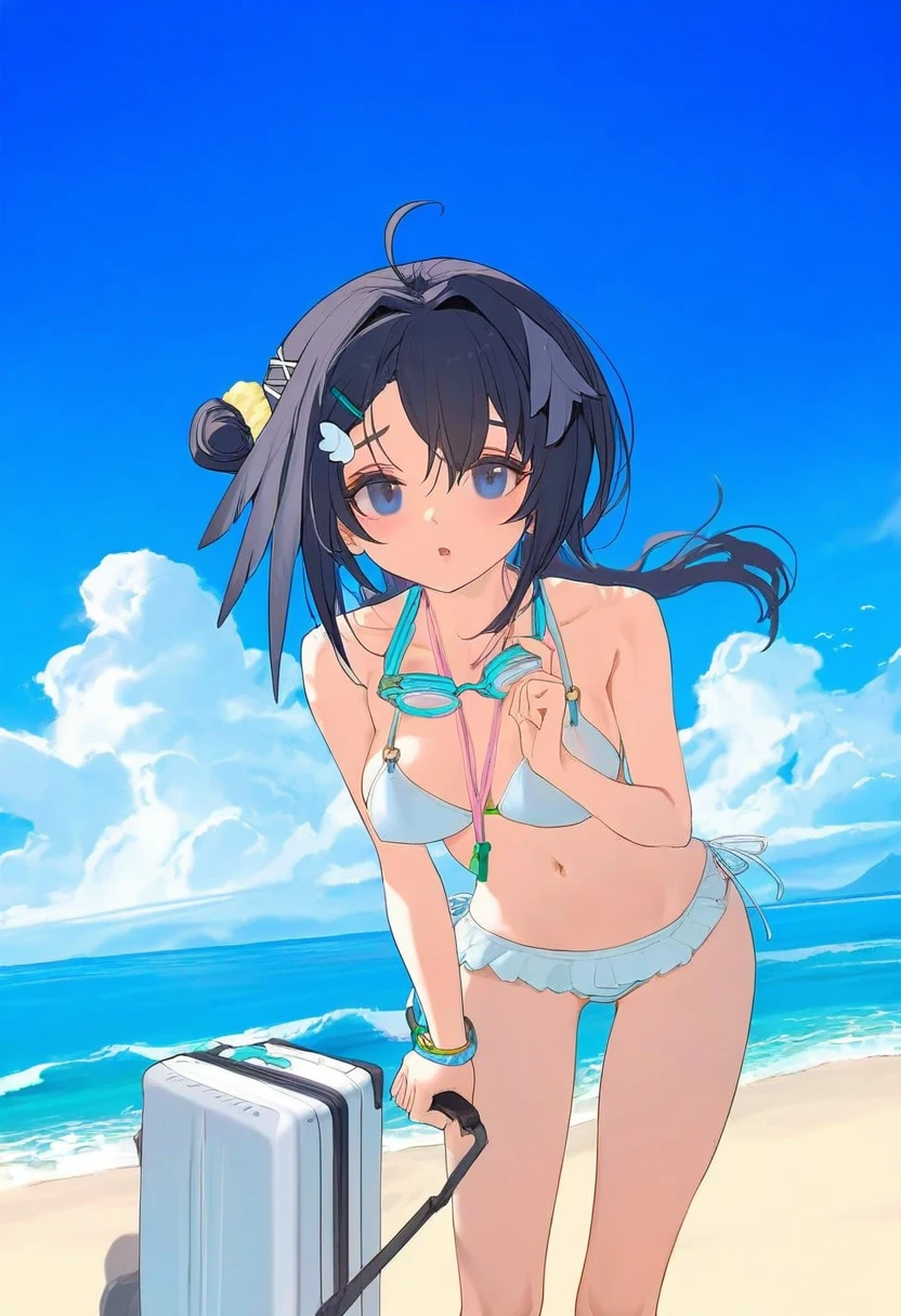 ((xssh)),(observerz),[kedama milk],[ask \(askzy\)],(mikaze oto),[ciloranko],[ponzu\(catponz\)], - 1girl,la pluma \(summer flowers\) \(arknights\),arknights,white bikini,outdoors,navel,day,sky,blue sky,beach,suitcase,looking at viewer,ocean,low-tied long hair,leaning forward,standing,holding,frills,hand up,bare shoulders,floating hair,
