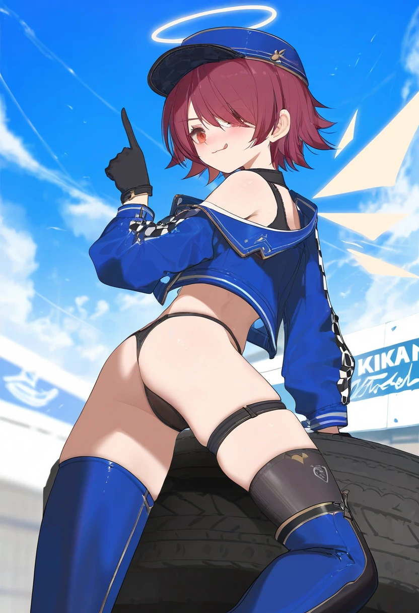 ((xssh)),(observerz),[kedama milk],[ask \(askzy\)],(mikaze oto),[ciloranko],[ponzu\(catponz\)], - 1girl,exusiai \(arknights\),arknights,black gloves,black panties,blue thigh boots,blue hat,blue jacket,long sleeves,race queen,thigh strap,thong,single bare shoulder,skindentation,tire,